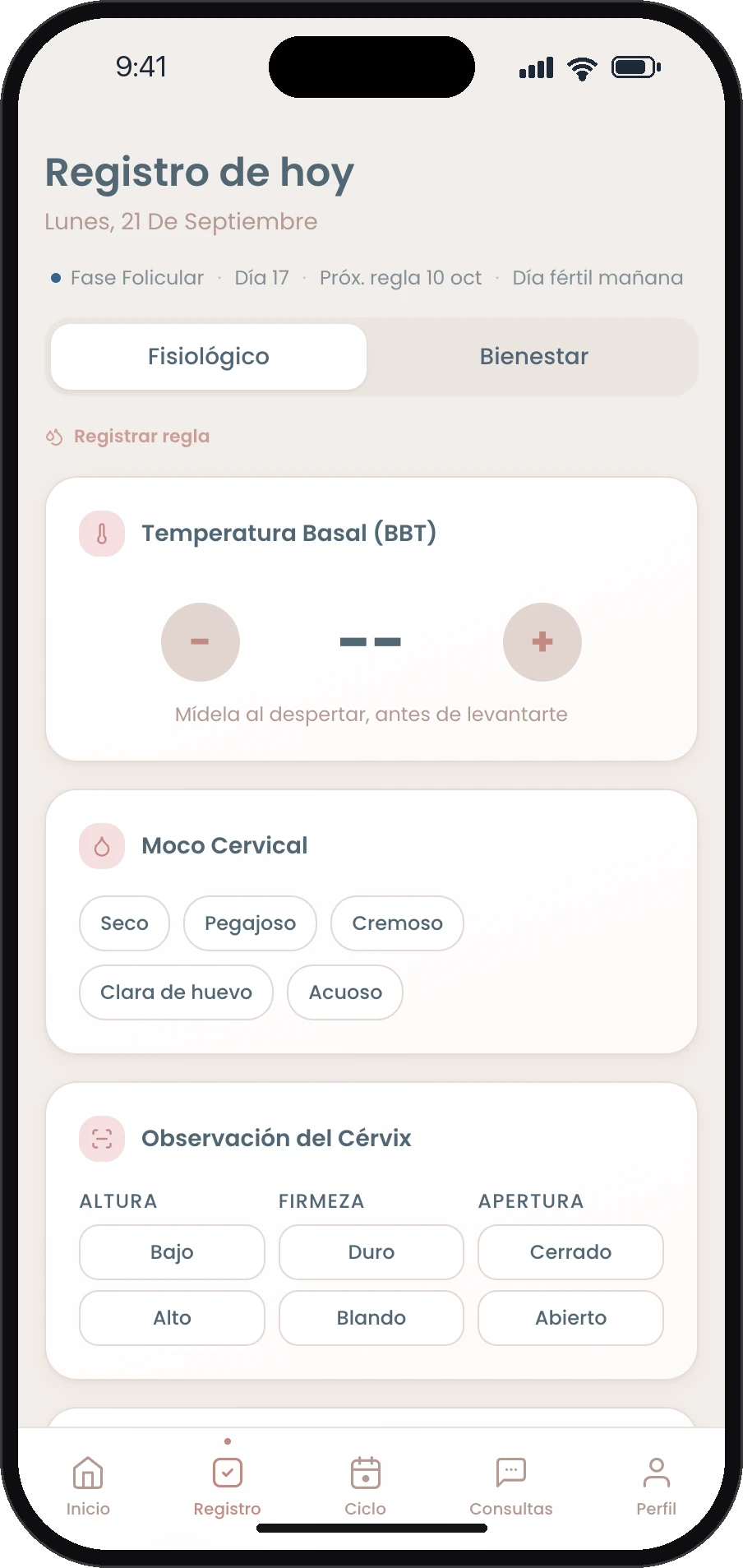 Registro diario de FertyFit en un teléfono: temperatura basal, moco cervical y observación del cérvix